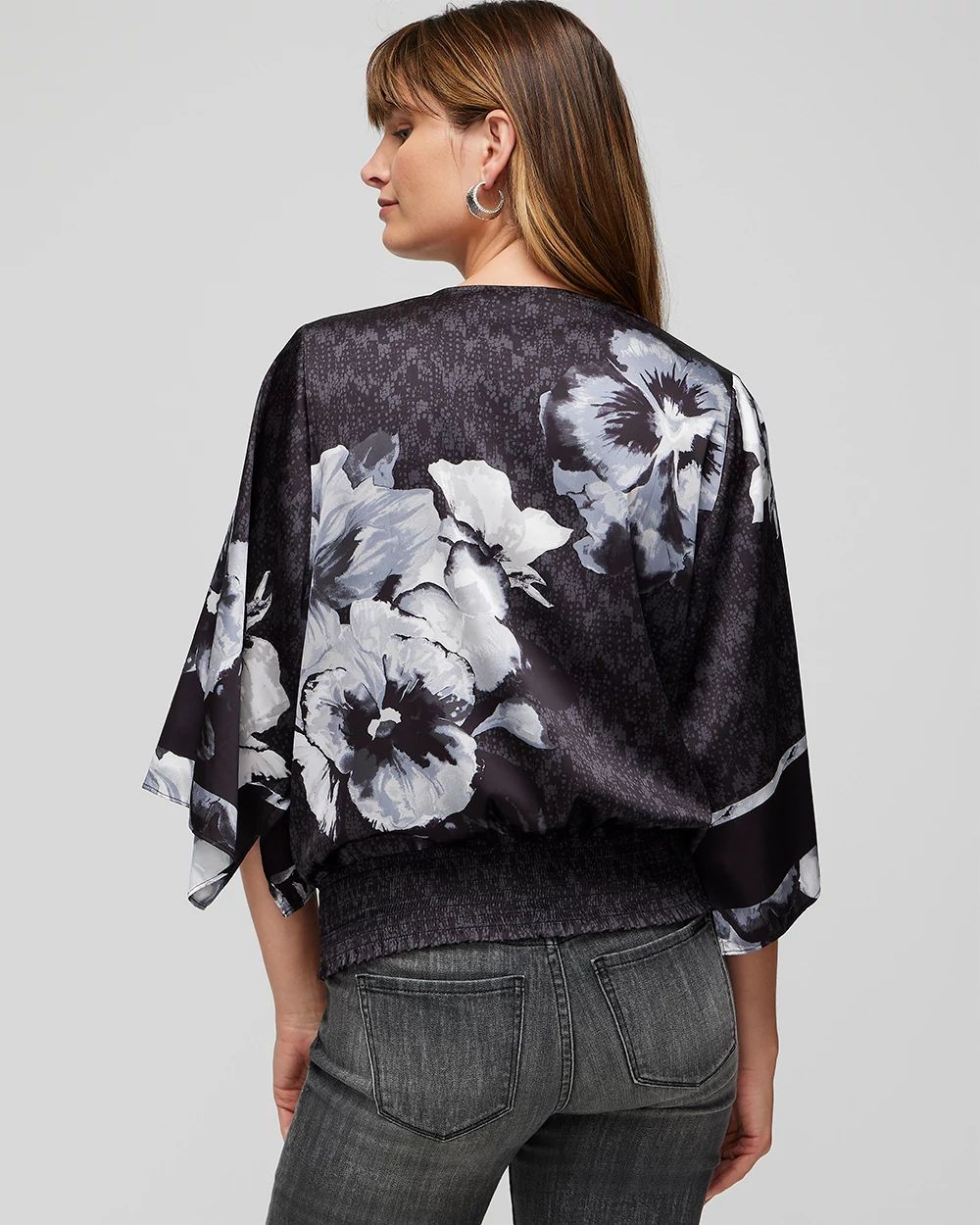 Elbow-Sleeve Smocked Bottom Kimono