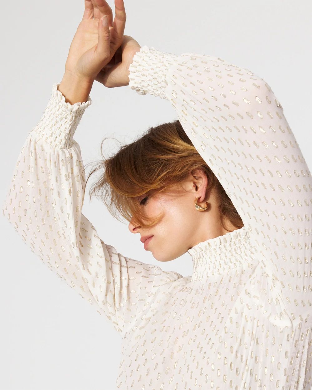 Jacquard + Gold Clip Mock Neck Blouse