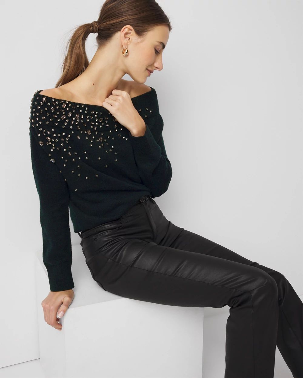 Petite Embellished Off-The-Shoulder Sweater