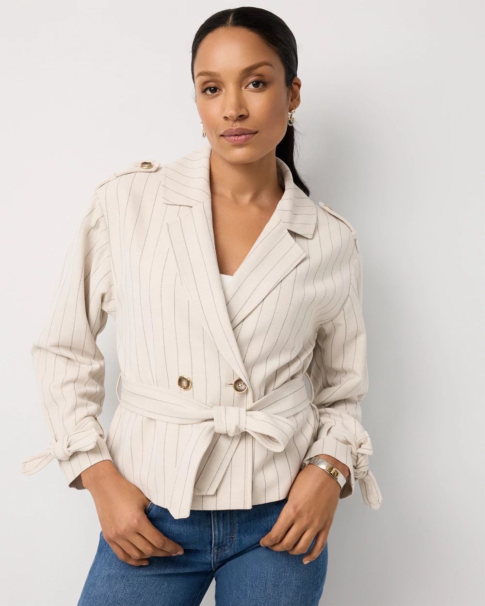 Petite Pinstripe Trench Moto Jacket