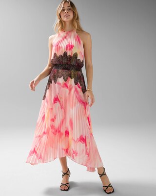 Sleeveless Pleated Halter Dress with Lace Detail
