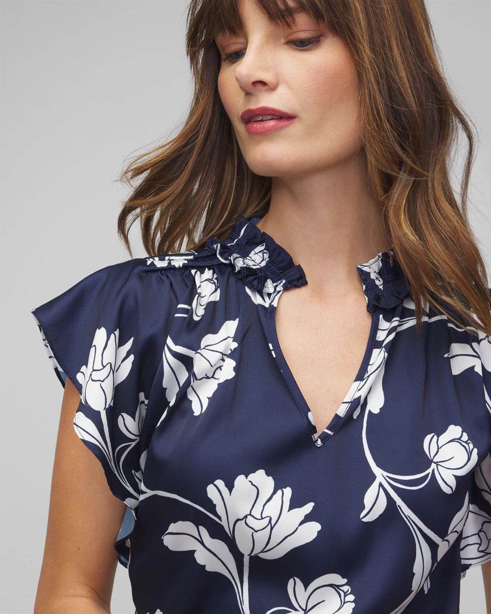 Petite Ruched Neck Flutter Shell Top