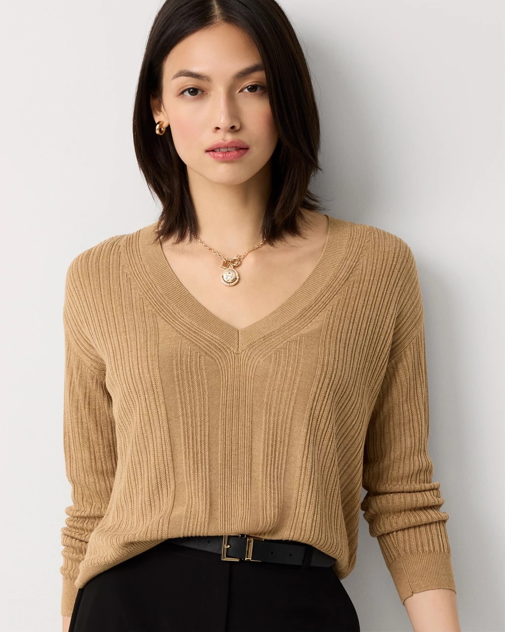 Ribbed Long Sleeve V-neck Sweater