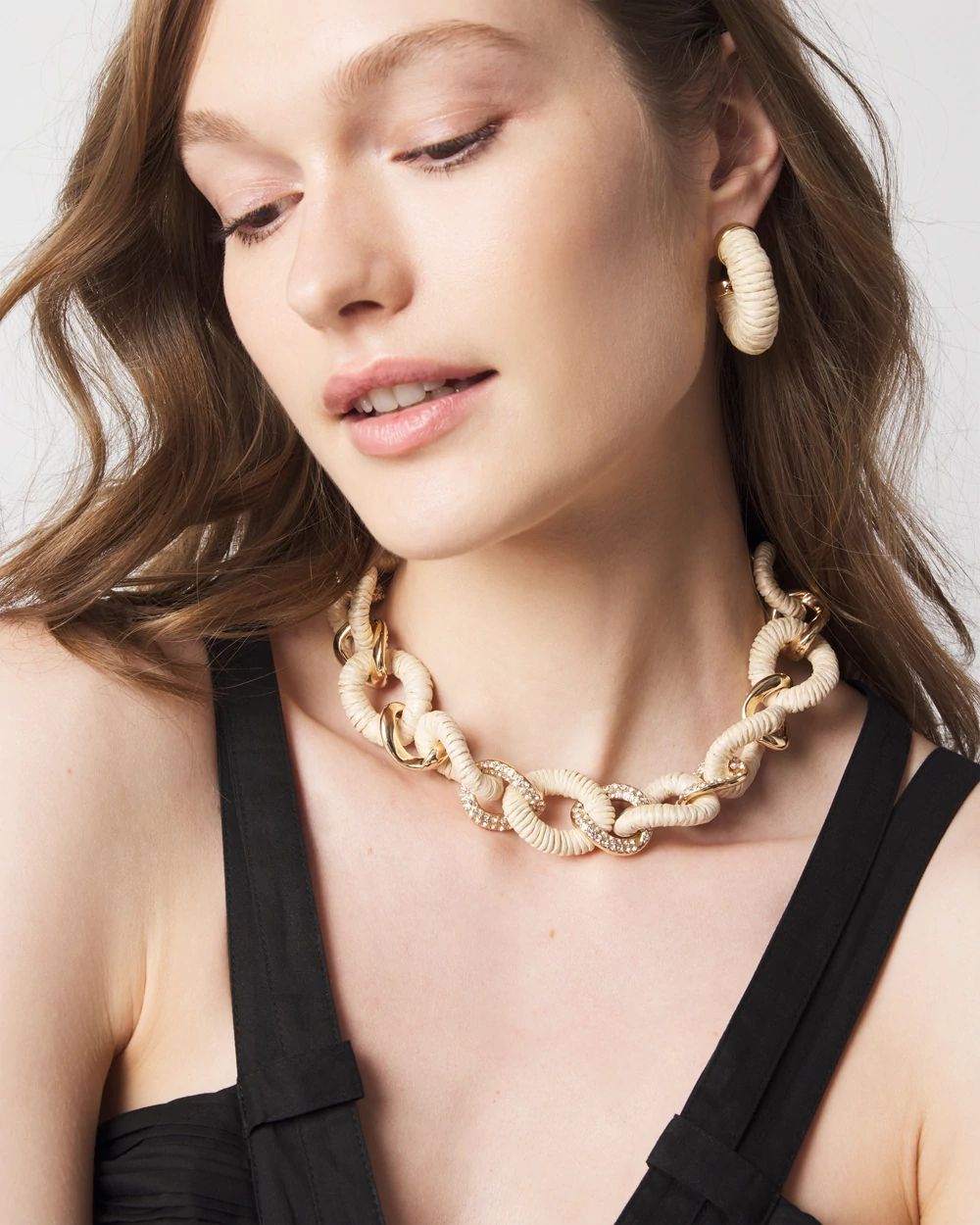 Natural Raffia + Crystal Link Necklace