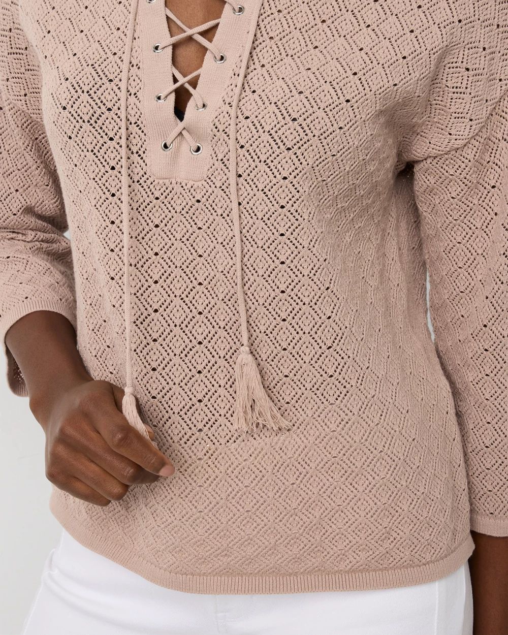 Petite Lace-Up Notch Neck Pullover
