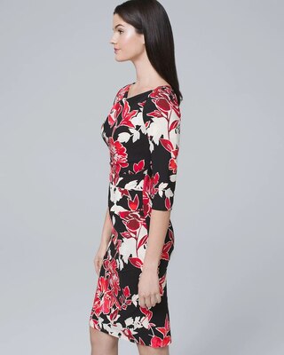 Draped-Neck Floral Sheath Dress