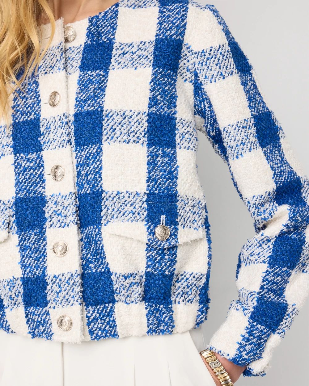 Petite Bouclé Plaid Bomber Jacket click to view larger image.