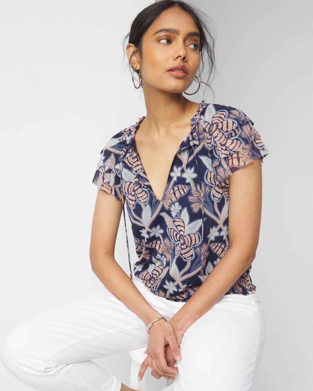 Ruffle Sleeve Mesh Top