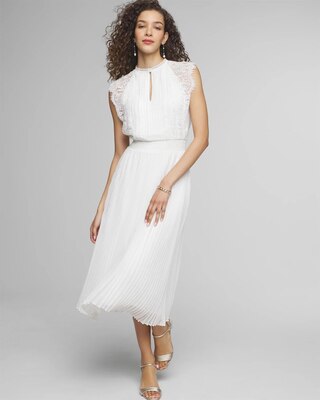 Petite Cap Sleeve Lace Detail Pleated Midi Dress