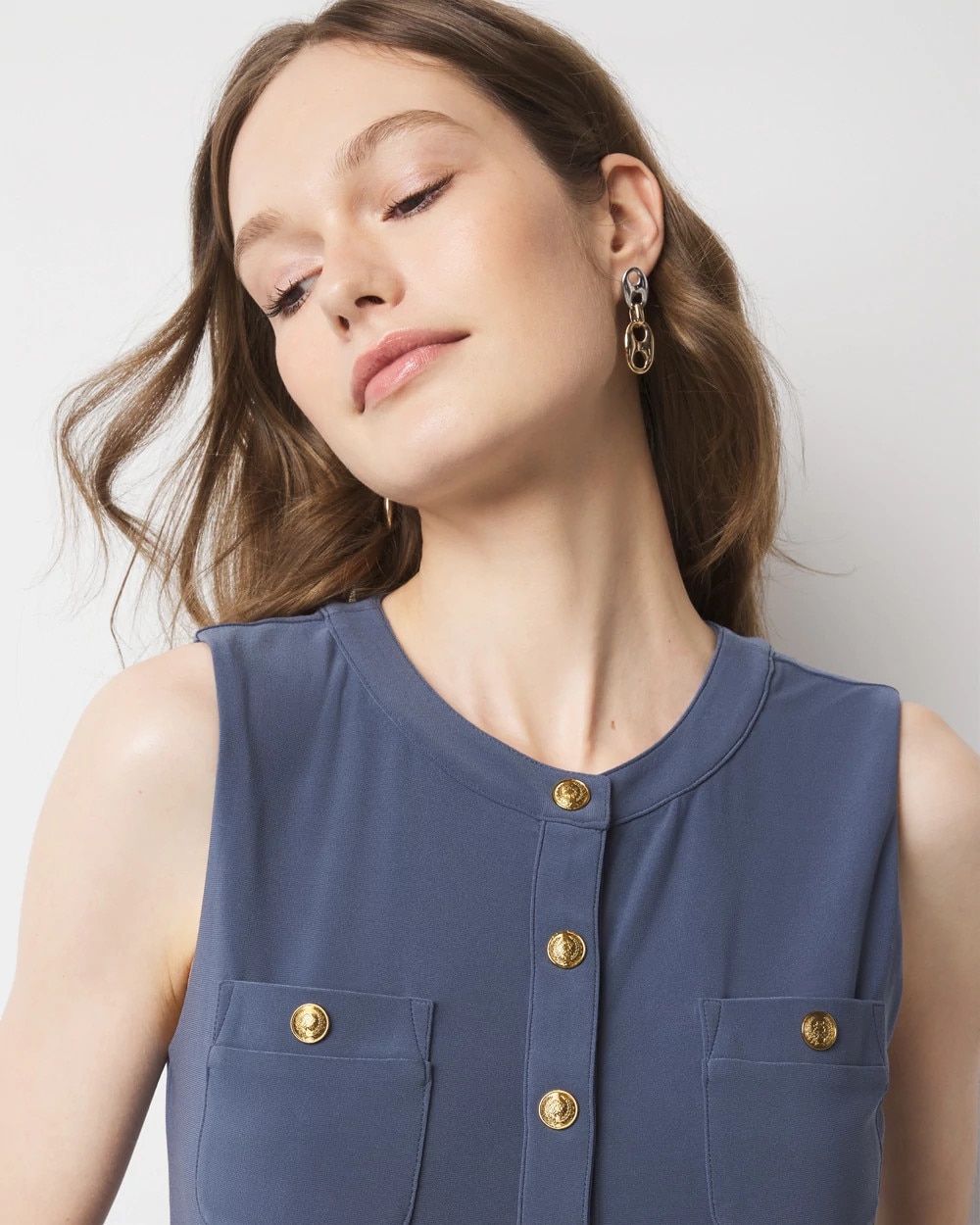 Petite Sleeveless Matte Jersey Crest Button Midi Dress