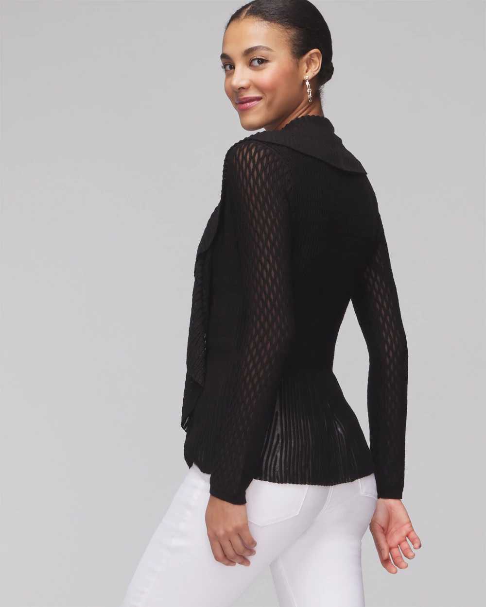 Long Sleeve Pointelle Peplum Cardigan click to view larger image.