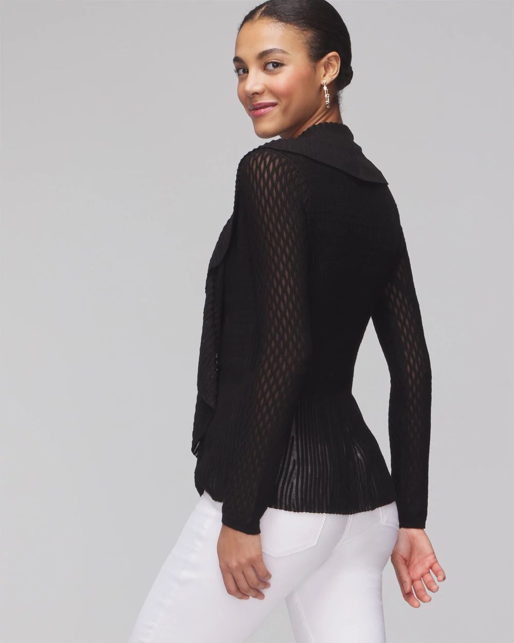 Long Sleeve Pointelle Peplum Sweater Cardigan