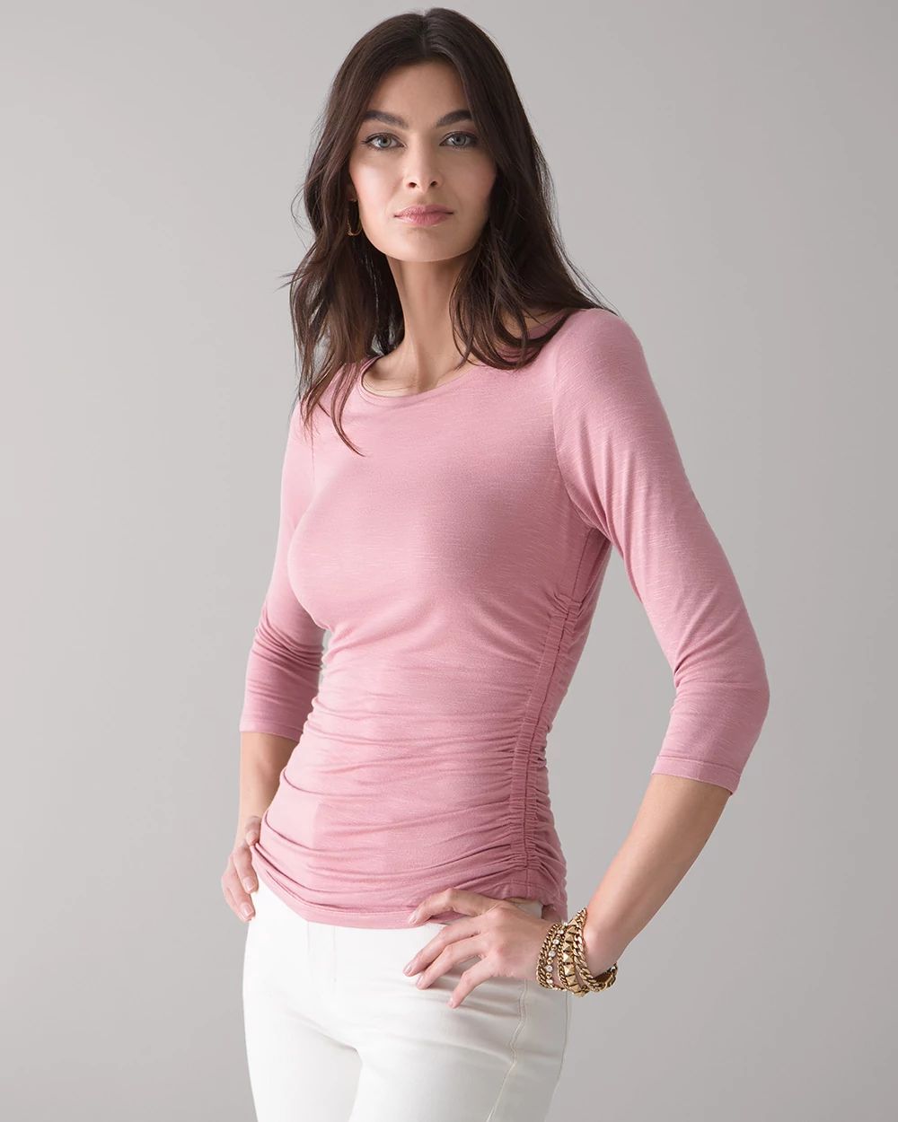 ¾ Sleeve Shirred-Side Knit Tee