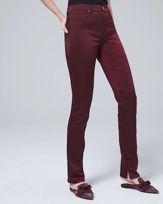 High-Rise Satin Slim Jeans with Ankle Slits