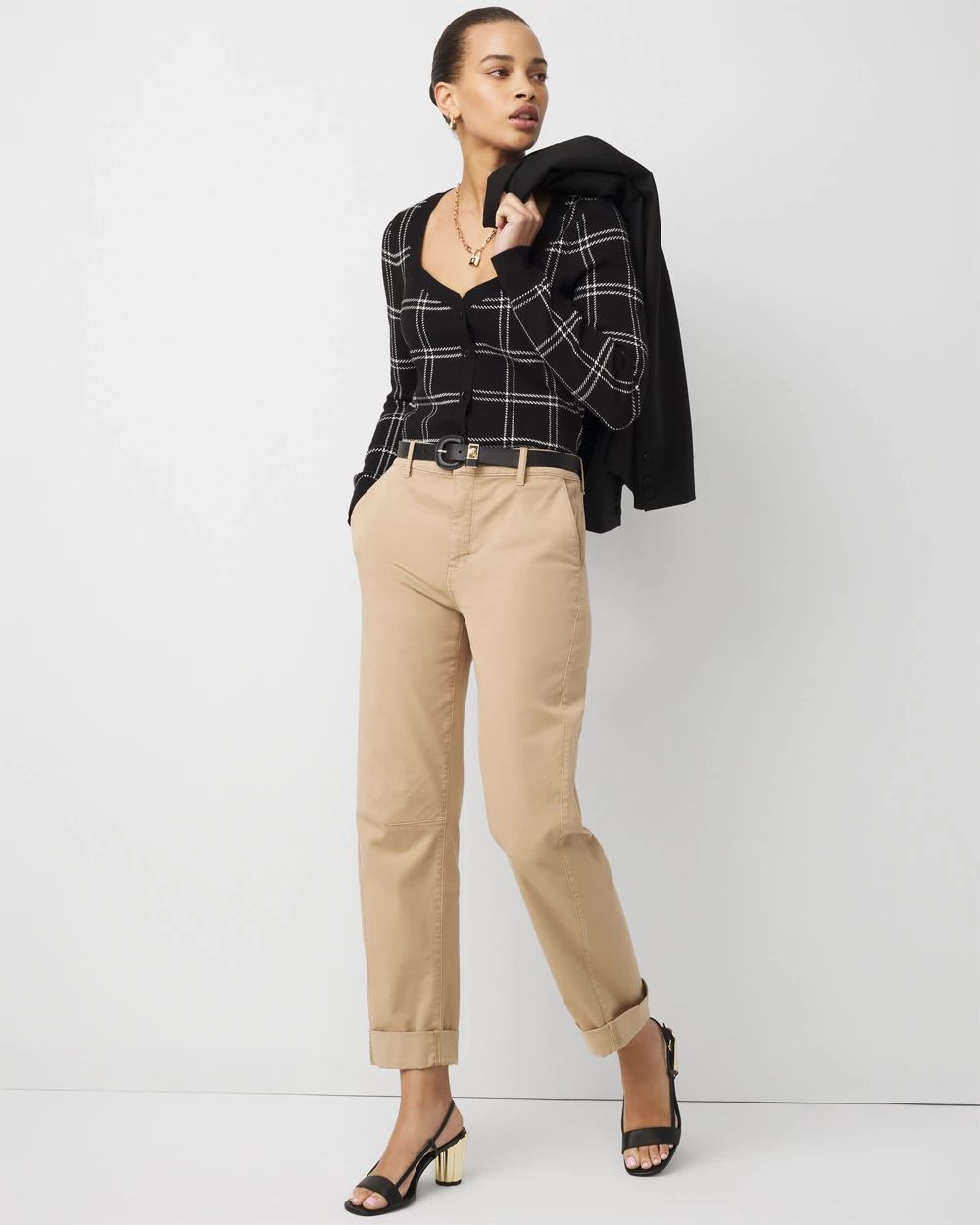 Petite Sweetheart Neck Plaid Cardigan