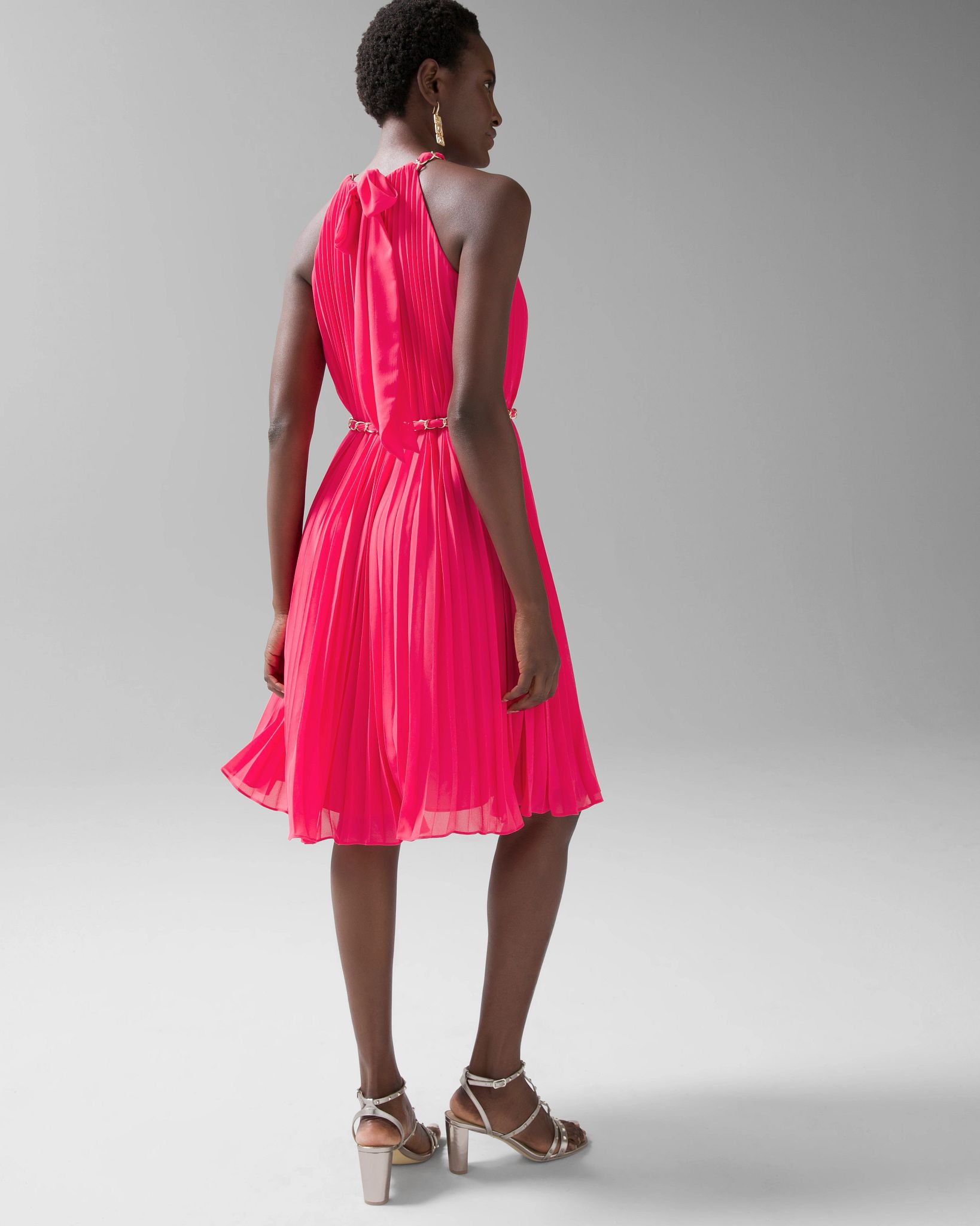 Sleeveless Pleated Halter Dress with Chain Detail click to view larger image.
