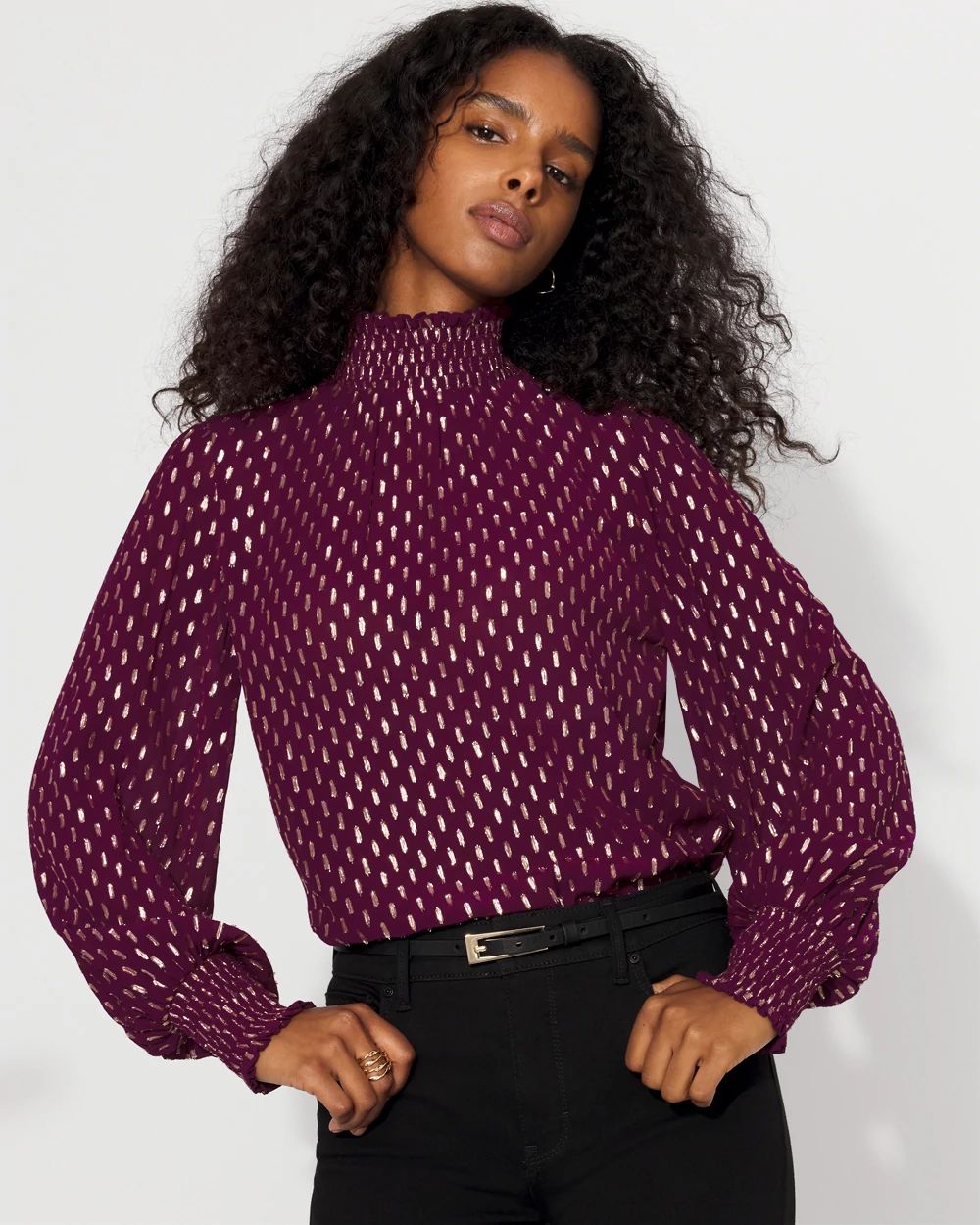 Jacquard + Gold Clip Mock Neck Blouse