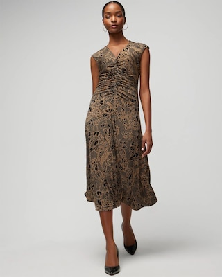 Cap Sleeve Matte Jersey Shirred Midi Dress
