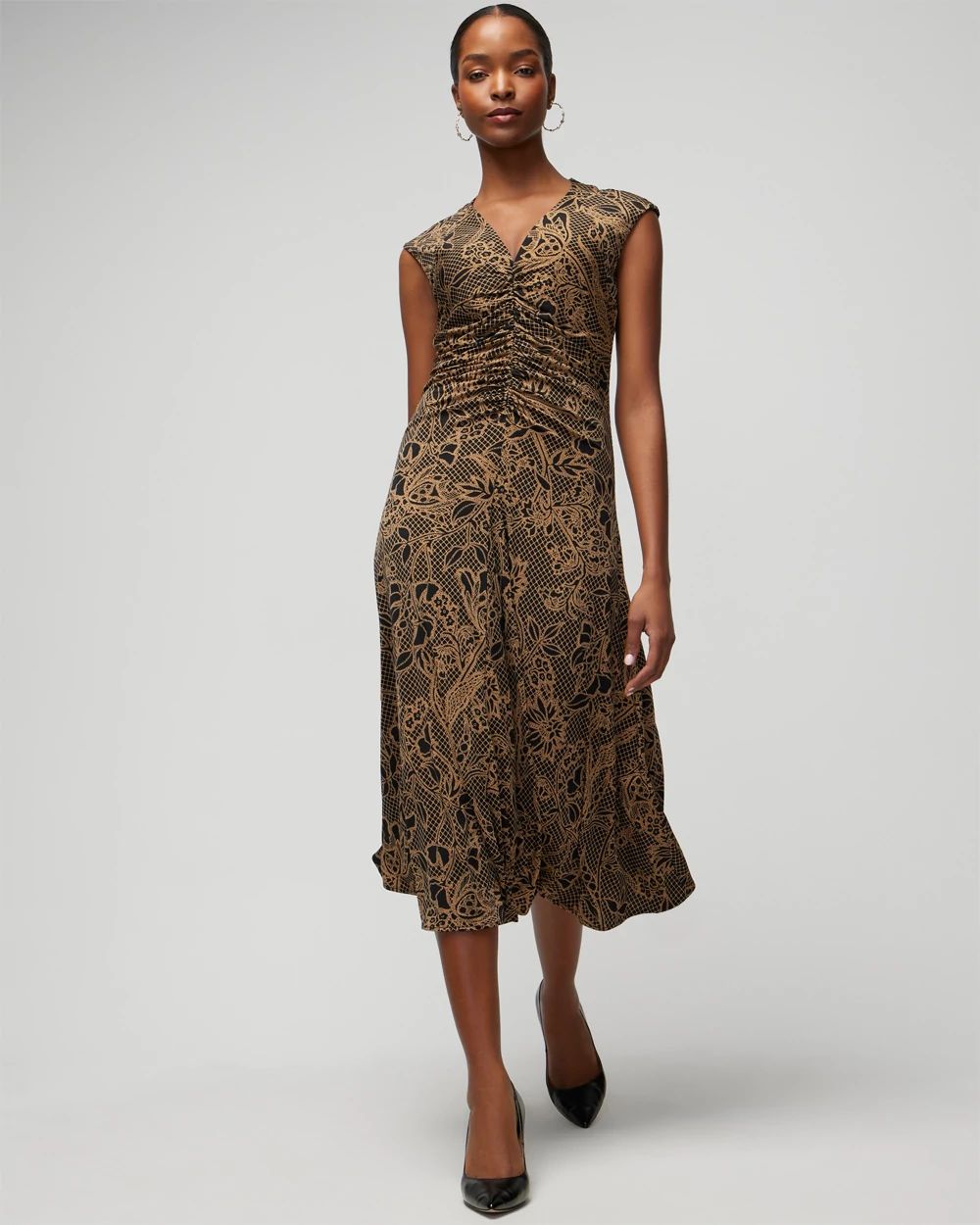 Cap Sleeve Matte Jersey Shirred Midi Dress