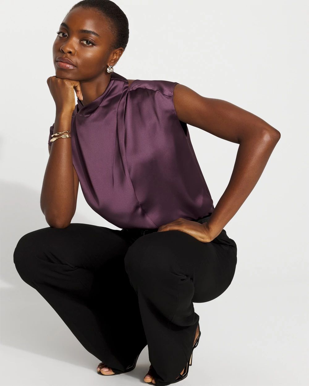 Petite Satin Draped Sleeveless Blouse