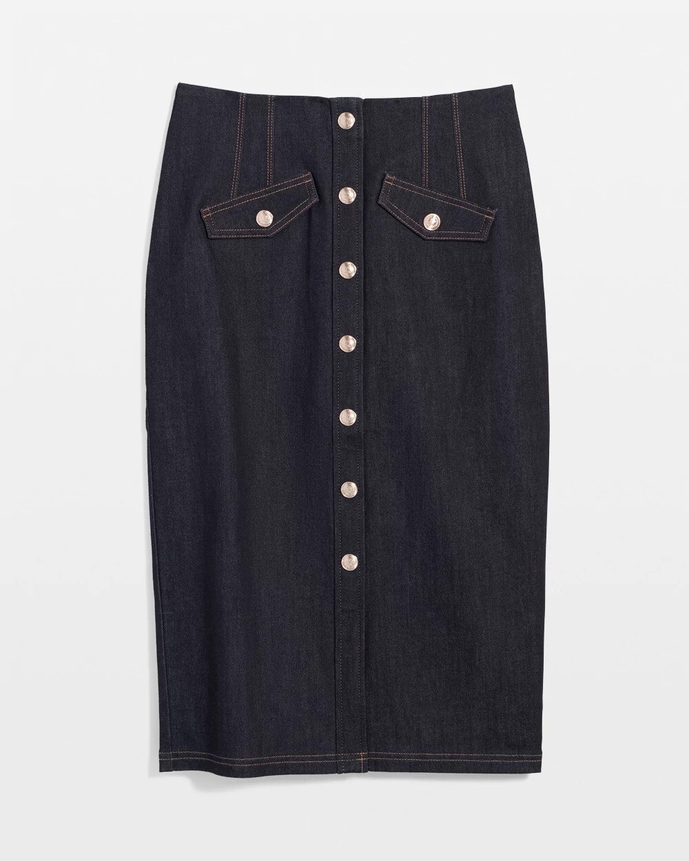 button front denim skirt midi
