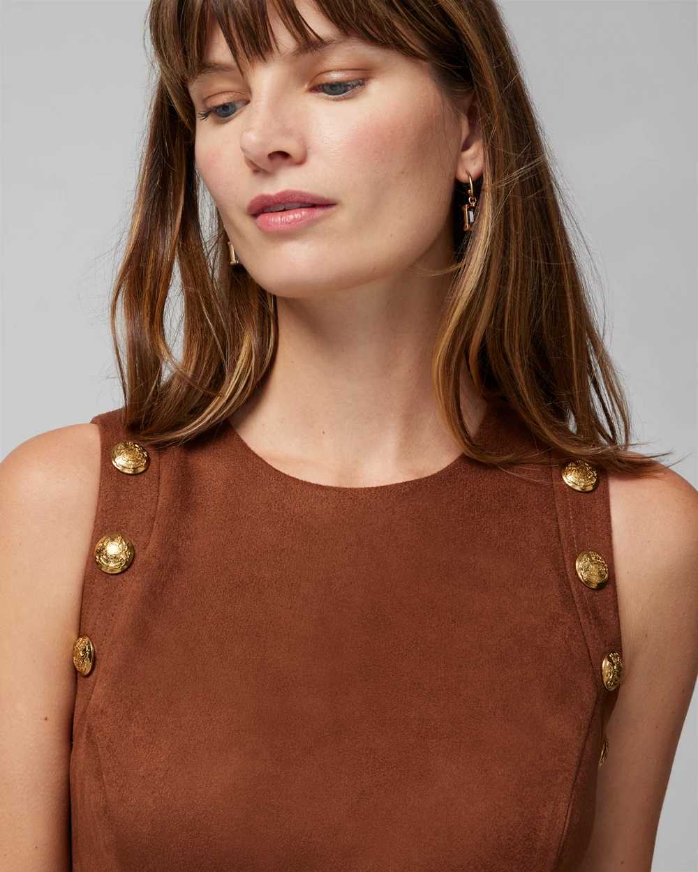 Sleeveless Crest Detail Suede Fit-N-Flare Dress click to view larger image.