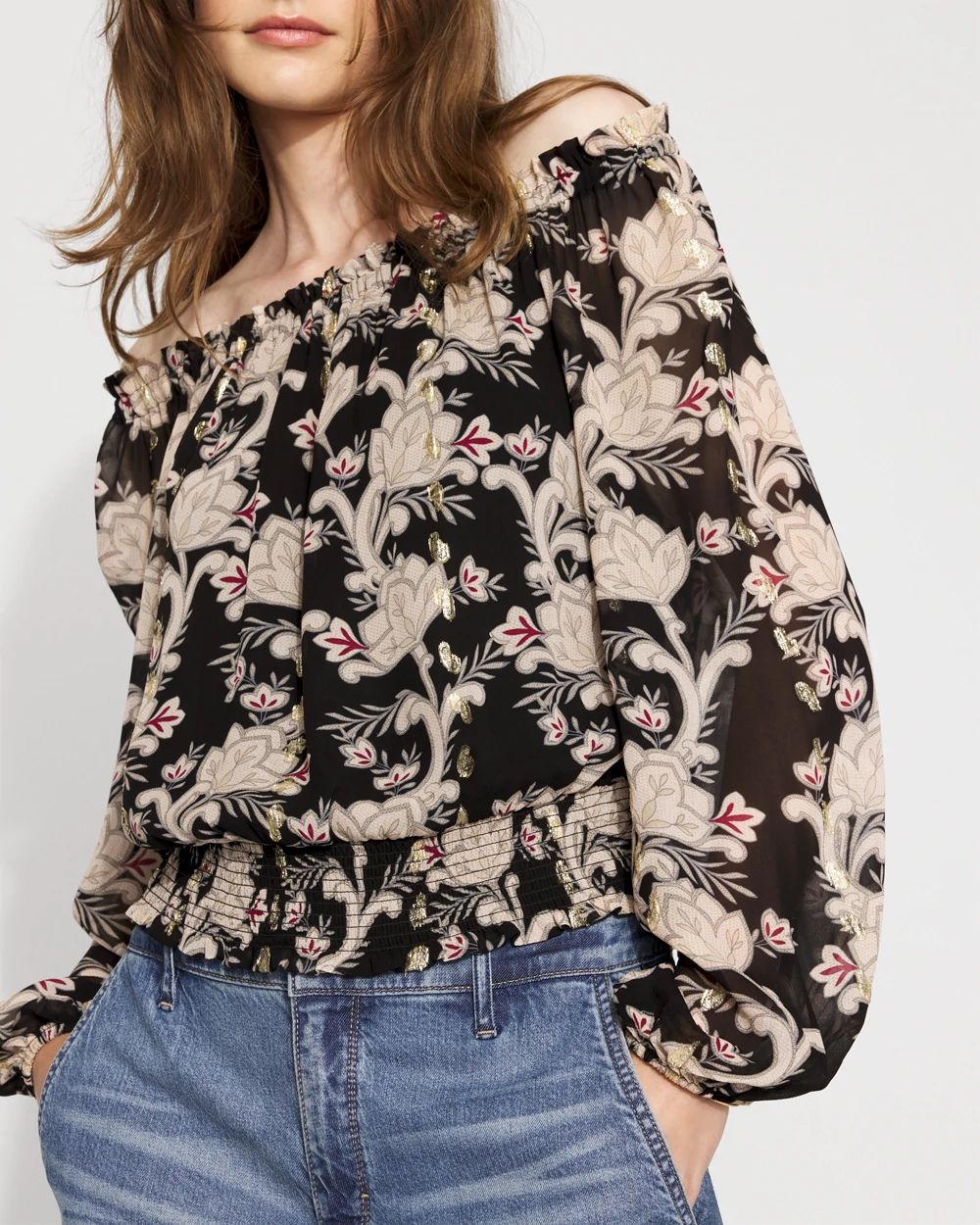 Off-the-Shoulder Floral Jacquard Blouse