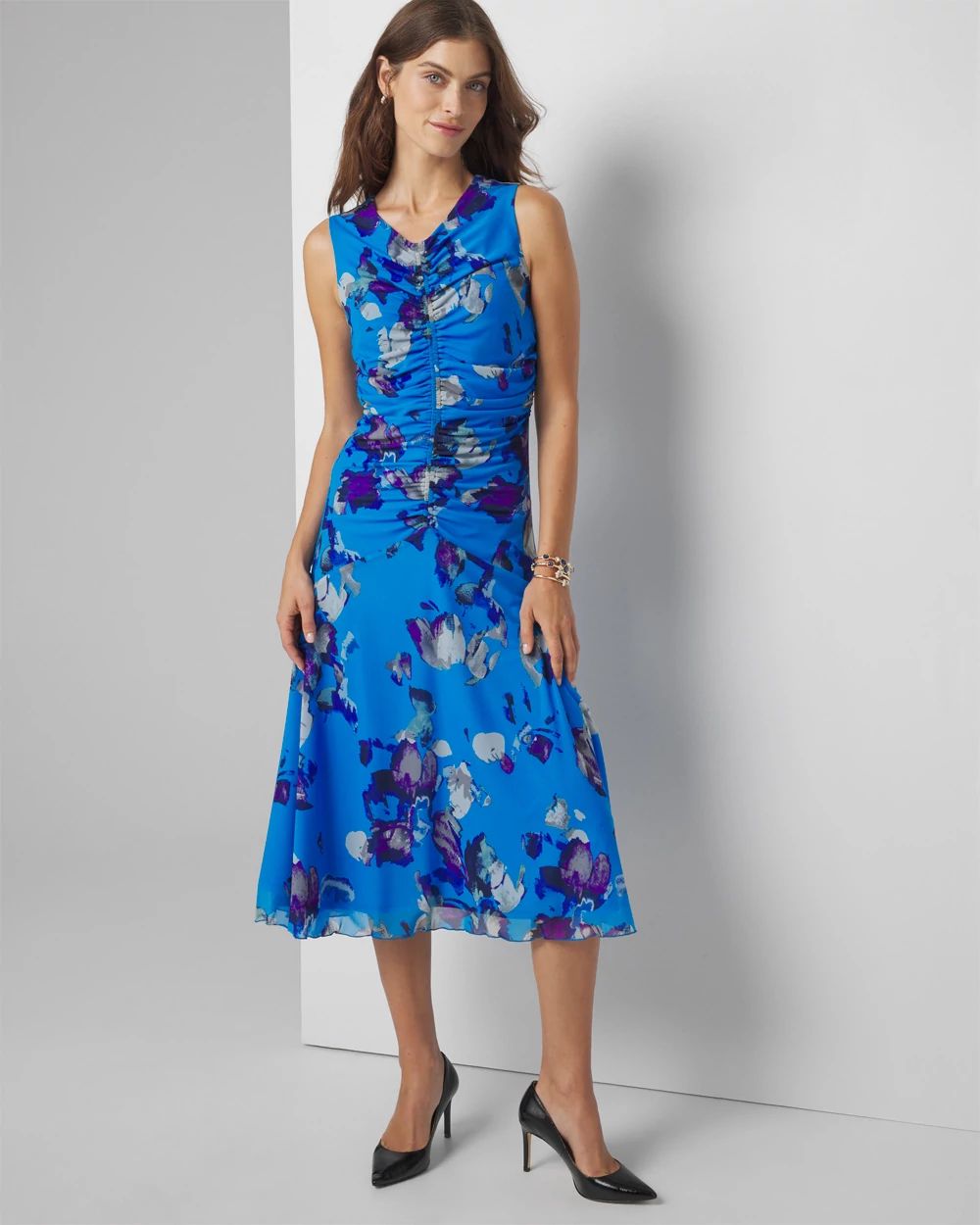 Petite Sleeveless Mesh Floral Print Midi Dress