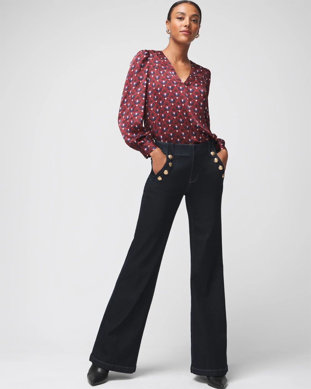 Long Sleeve Topstitch Satin Blouse click to view larger image.