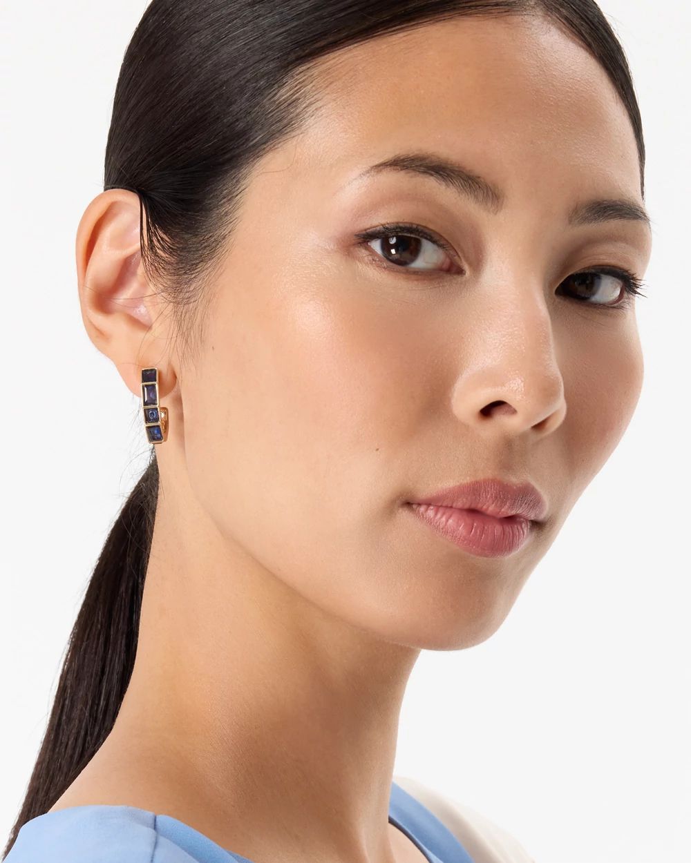 Dark Blue Glass Stone Hoop Earrings