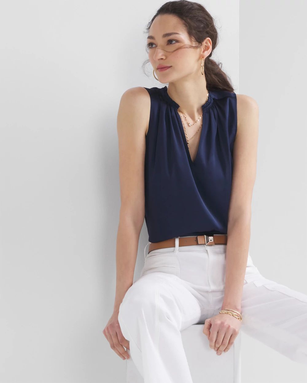 Sleeveless Ruched V-Neck Shell Top