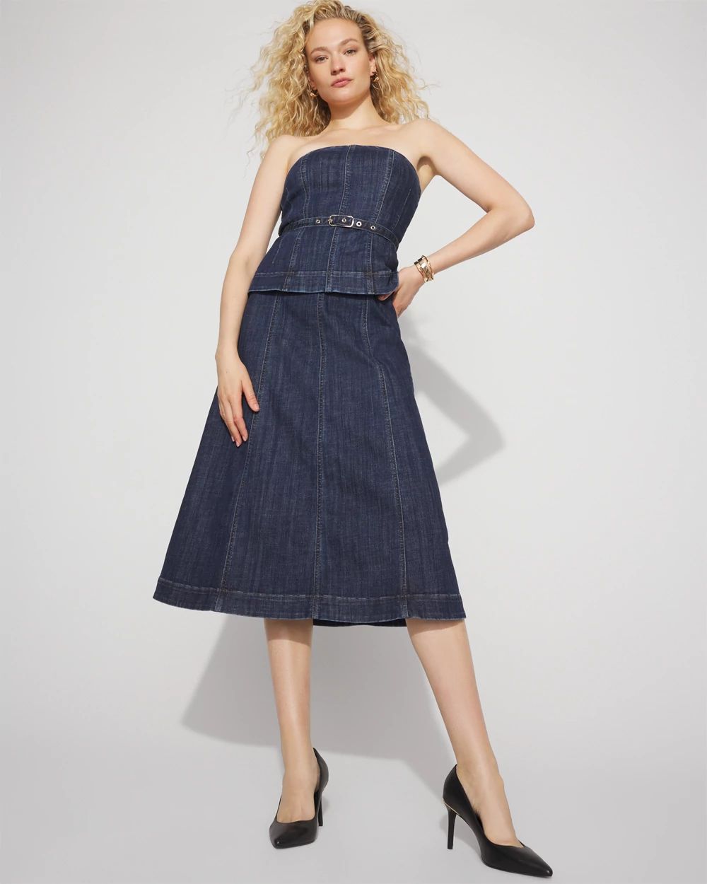 Petite Strapless Denim Midi Dress