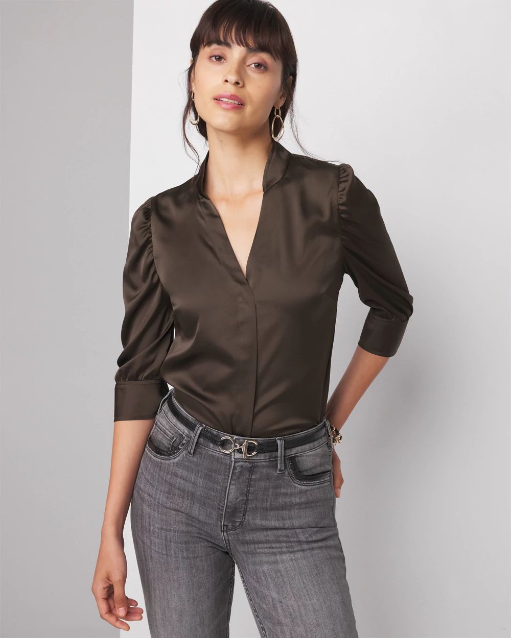 Petite Ruched Sleeve Y-Neck Shirt