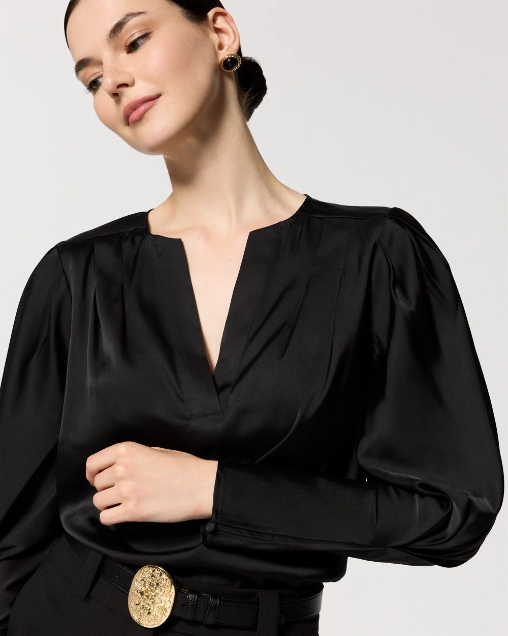 Pleated Sleeve Satin Blouse click to view larger image.