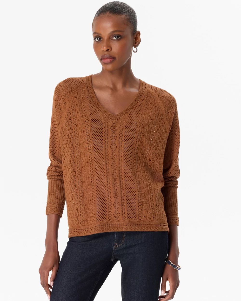 Pointelle V-neck Pullover