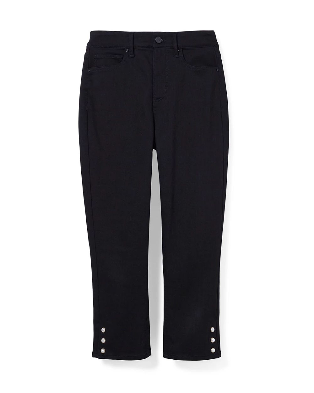 High-Rise Button Hem Black Slim Capri Jeans click to view larger image.