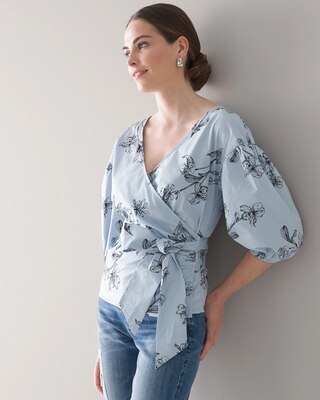 Striped 3/4-Sleeve Poplin Wrap Blouse