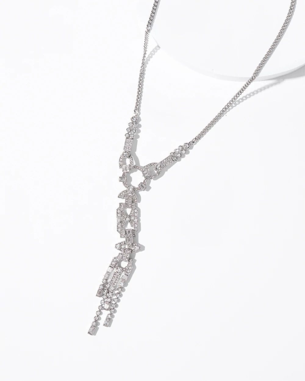 Art Deco Silvertone Statement Y Necklace