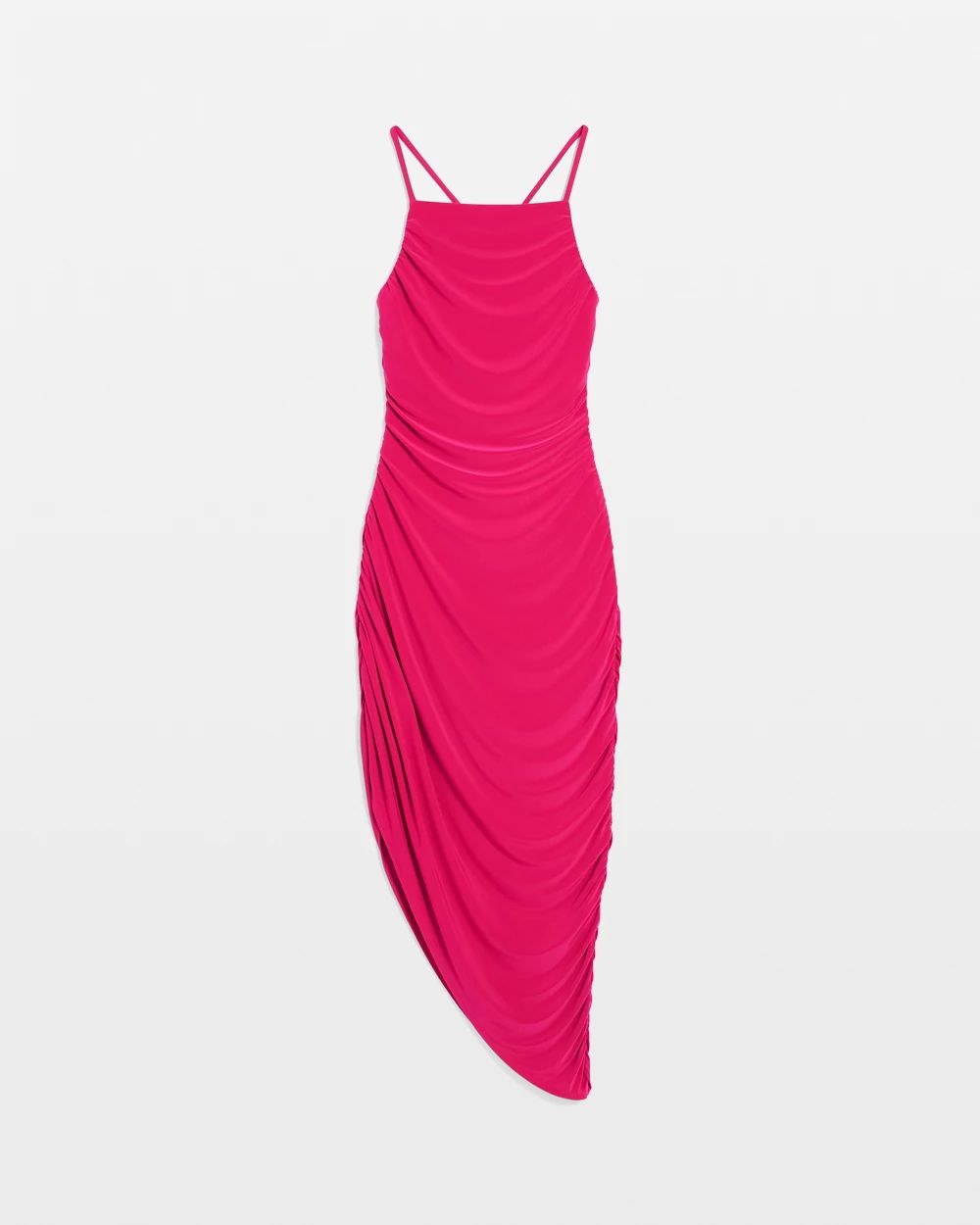 Jersey-Knit Ruched Midi Dress with Asymmetric Hem