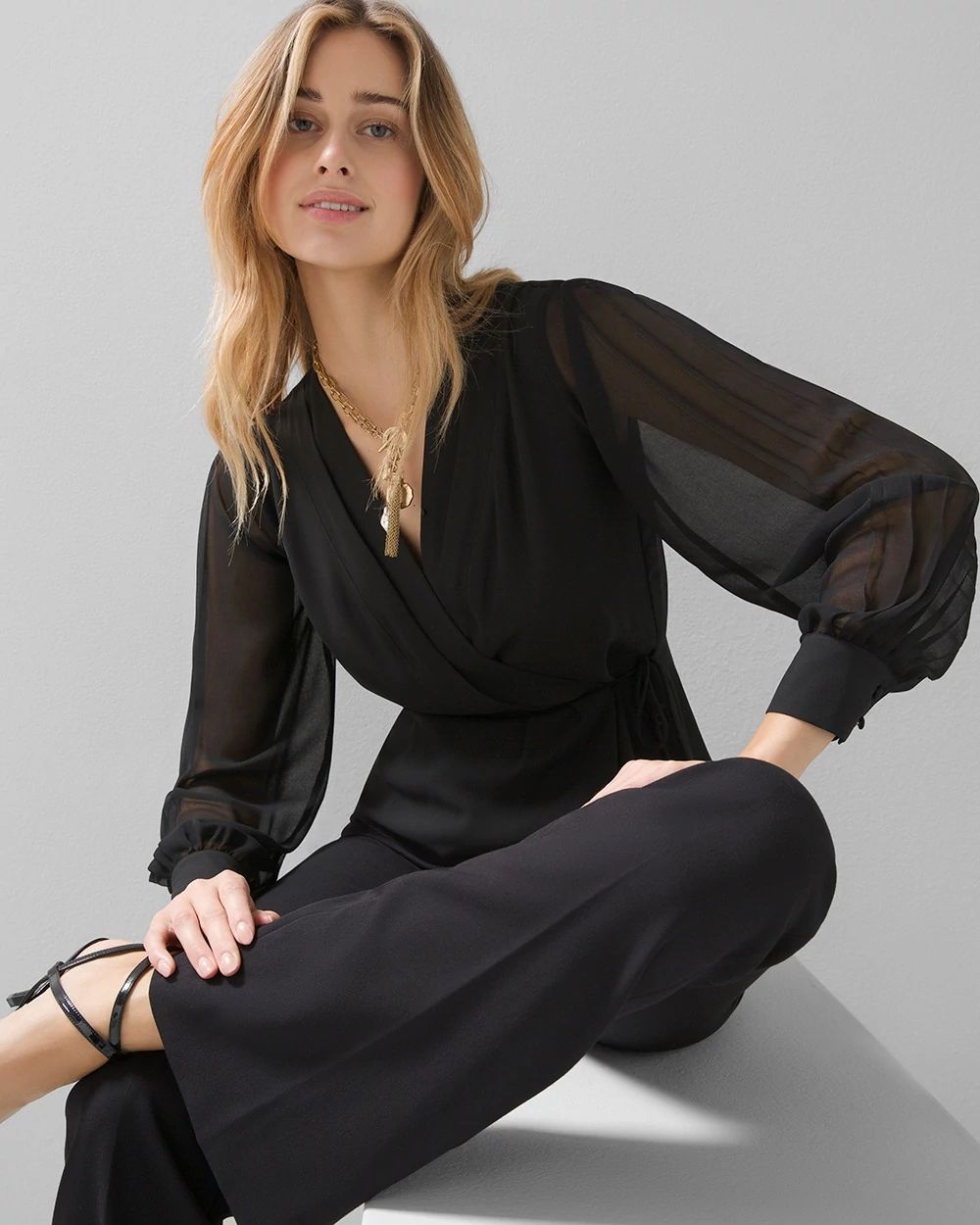 Long-Sleeve Pleat-Back Surplice Blouse