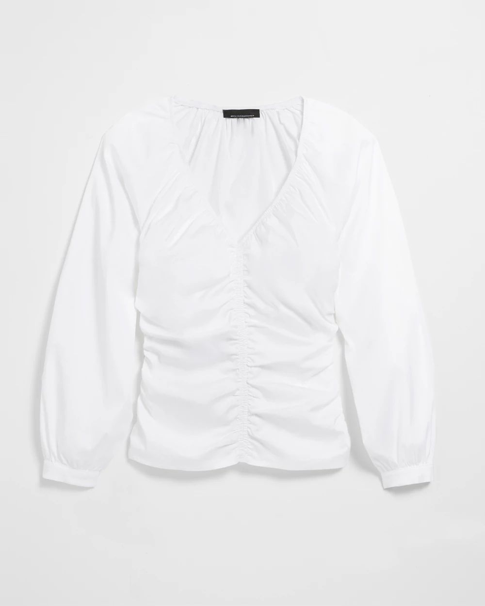 Long Sleeve Ruched V-Neck Poplin Top click to view larger image.