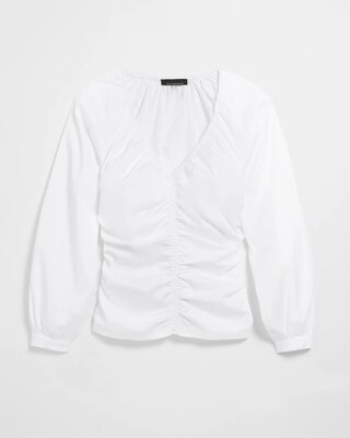 Long Sleeve Ruched V-Neck Poplin Top click to view larger image.