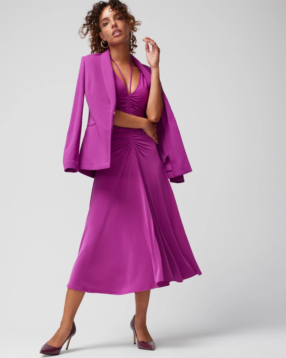 Short-Sleeve Ruched Front Midi Dress click to view larger image.