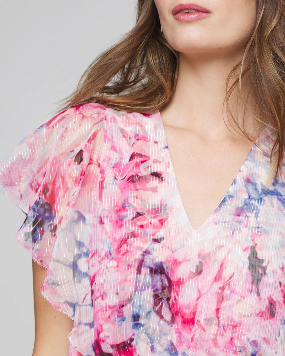 Short Sleeve Flutter Sleeve V-Neck Blouse