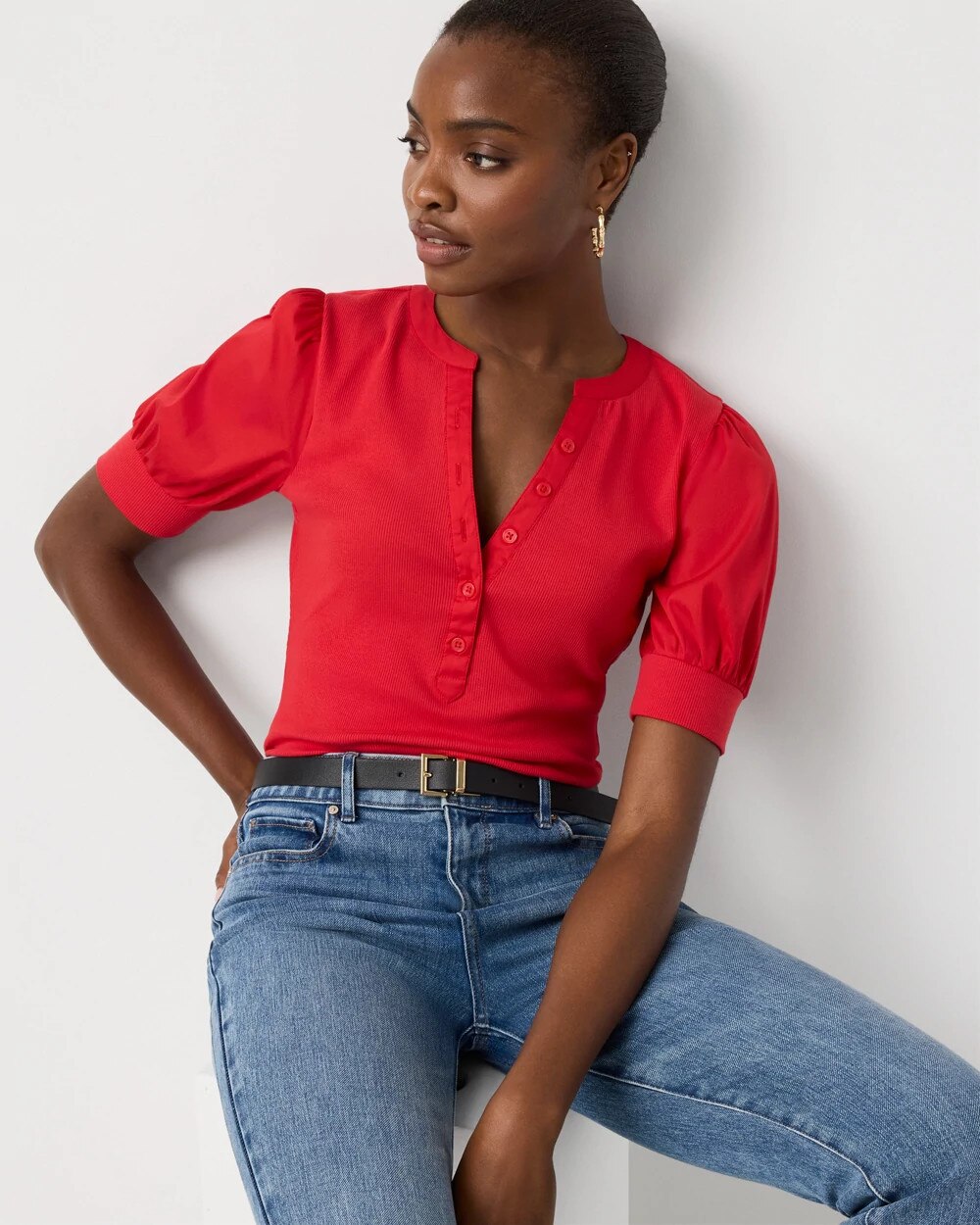 Poplin Puff Sleeve Henley Top - image 2