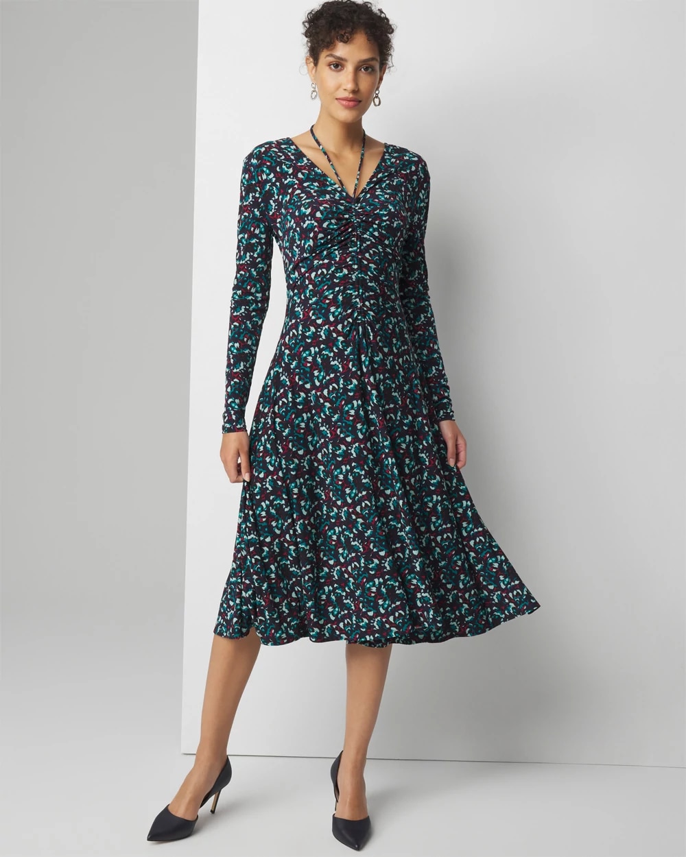 Long Sleeve Ruched Front Midi Dress