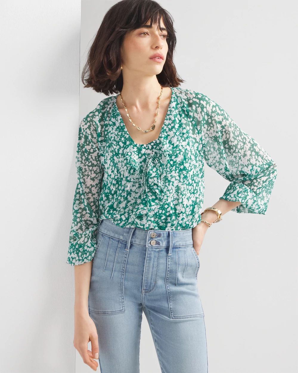 Petite Printed Ruffle Front Blouse
