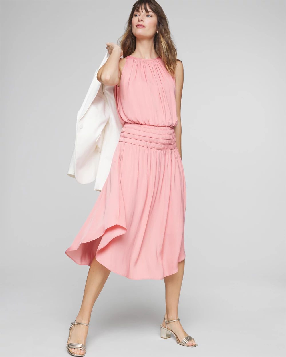 High-Neck Smocked Midi Dress click to view larger image.