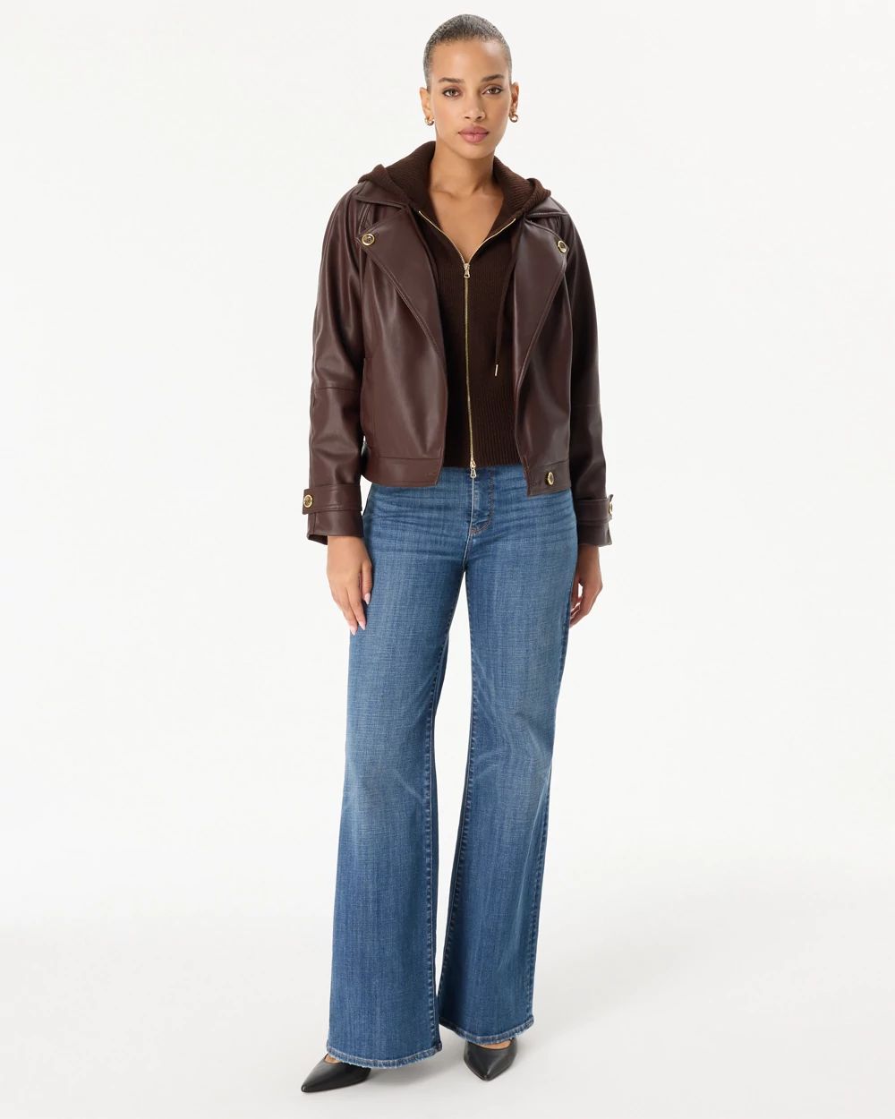 Rib Knit Zip Hooded Sweater Jacket click to view larger image.