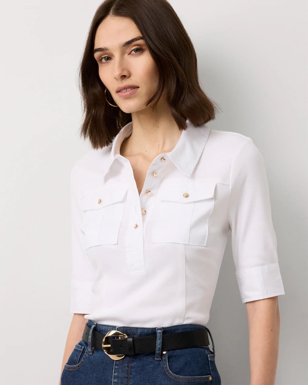 Poplin Detail Knit Polo Henley